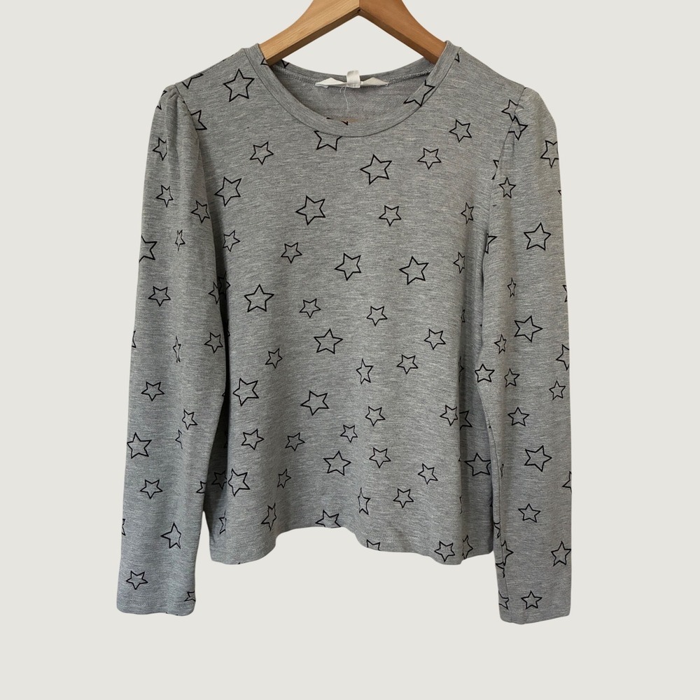 BB Dakota Grey Star Print Celestial Long Sleeve Crew Neck Top Small Minimalist